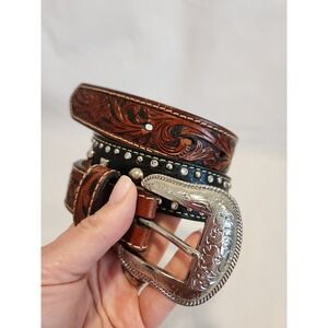 Nocona Floral Embossed Western Belt Men Youth 32x1.25" Brown Black Studded Rodeo